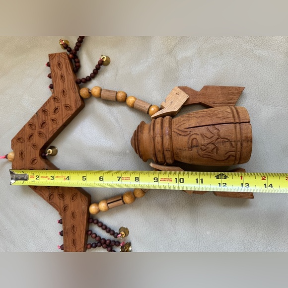 Folk Art Carved Wood Double Clapper Cow Elephant Bell Chime - Picture 6 of 9